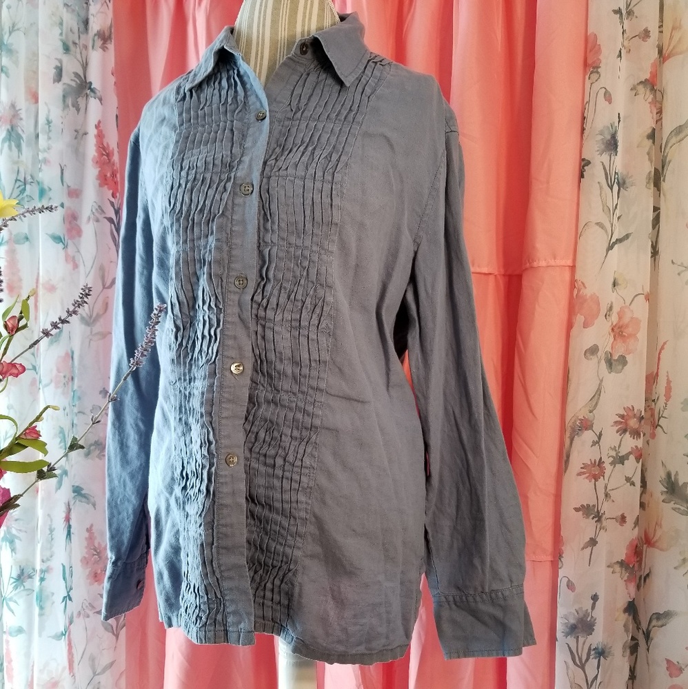 🌻🌺🌻BLOOMINGDALE'S 100% LINEN BUTTON DOWN BLOUSE - Picture 3 of 6